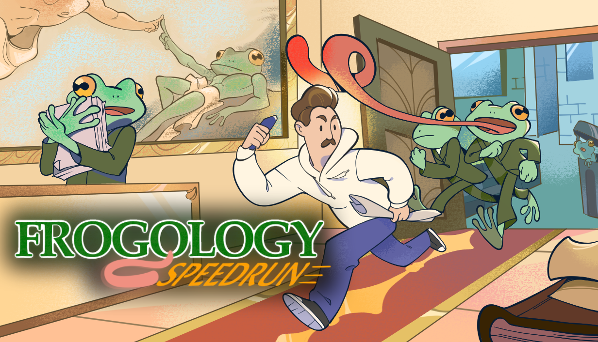 Frogology Speedrun: a man flees through a church as uniformed frogs chase him.